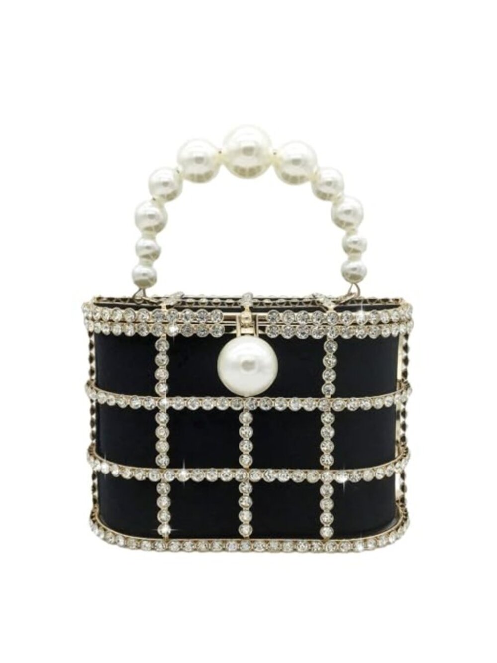 Pearl Top Handle Metal Bucket Clutch with Crystal Detailing